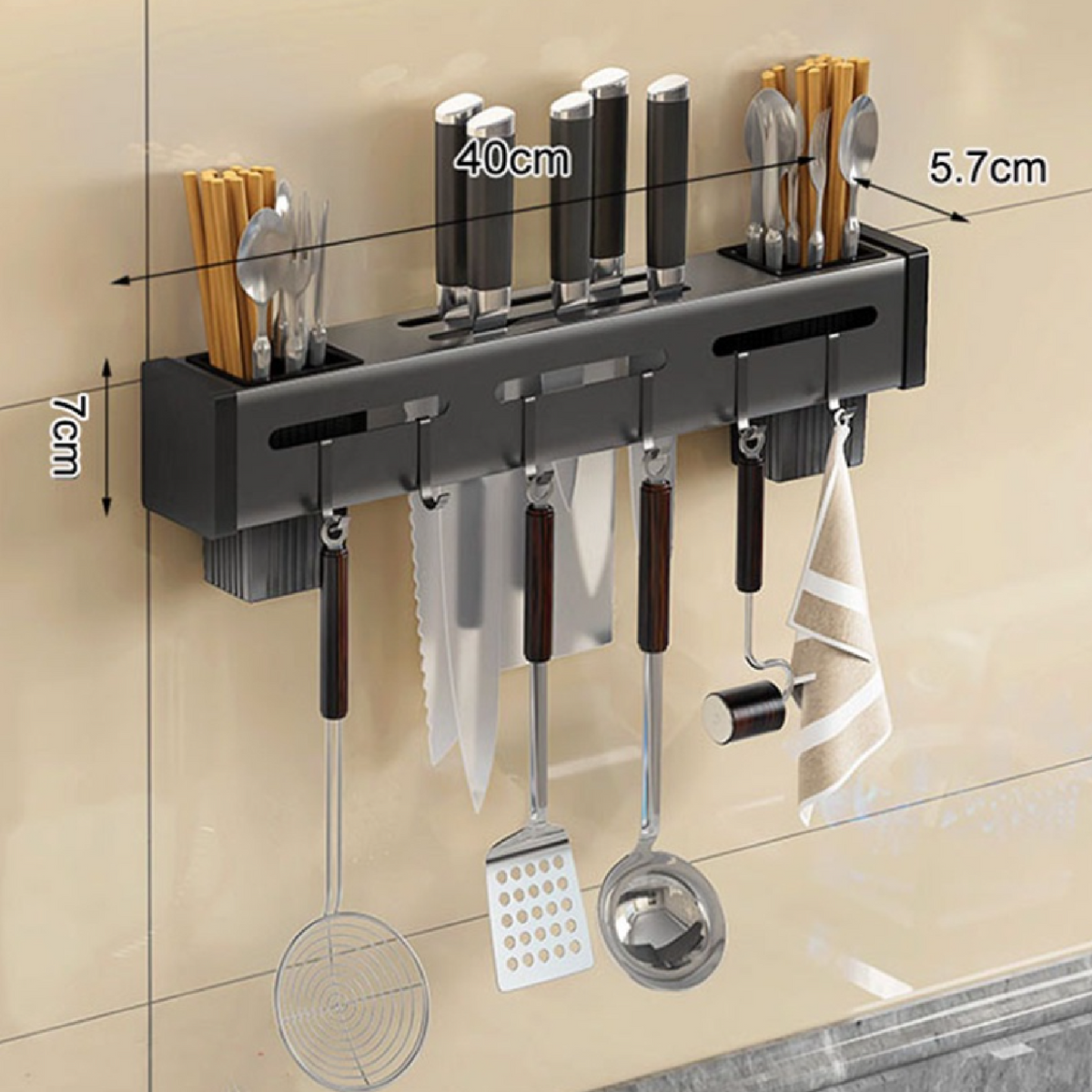  Organizador multiusos de aluminio para utensilios de cocina  (sin taladrar), soporte de almacenamiento de 23.5 pulgadas, organizador de  cocina montado en la pared, incluye estante para especias, cucharón de  cuchara, 2