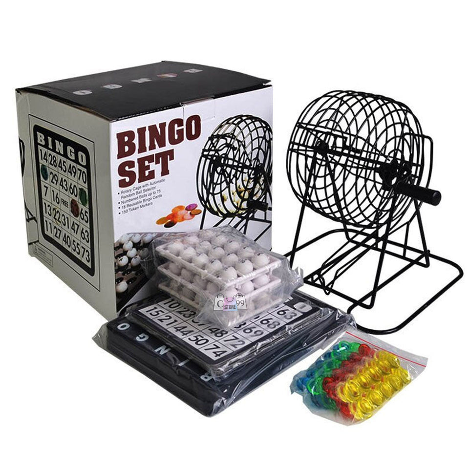 KIT DE BINGO FAMILIAR CON BALOTERA DE METAL – 75 BALOTAS