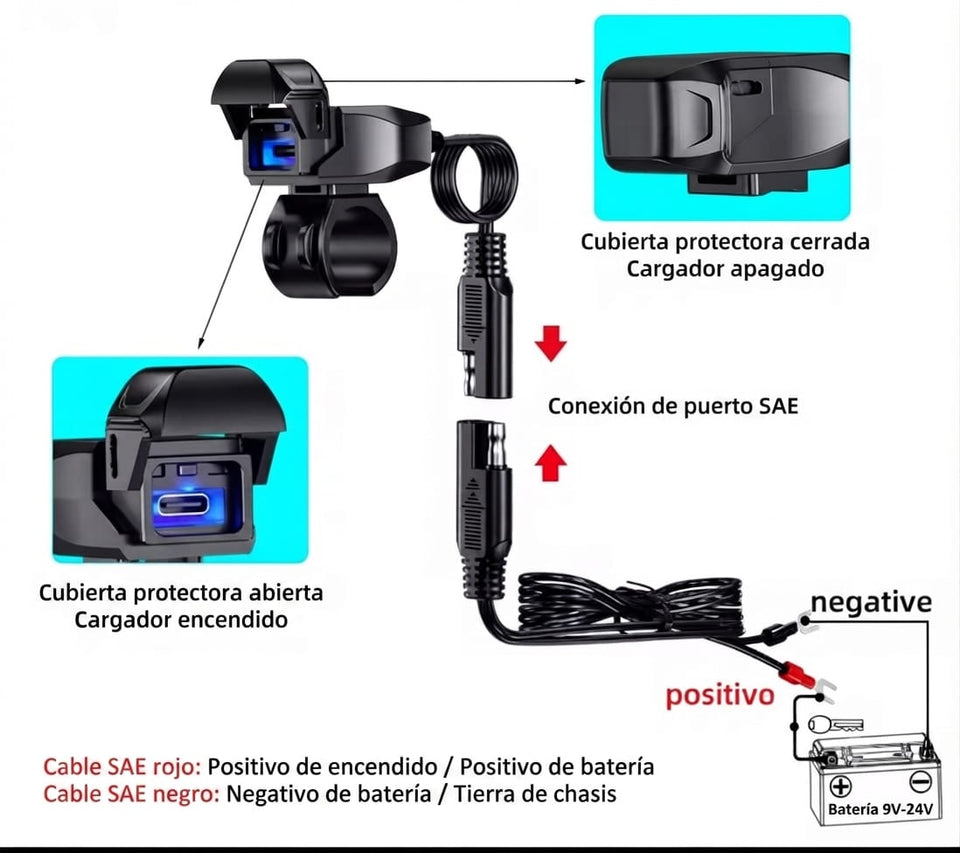 🏍️🔌 CARGADOR USB-C PARA MOTO CON CONEXIÓN SAE
